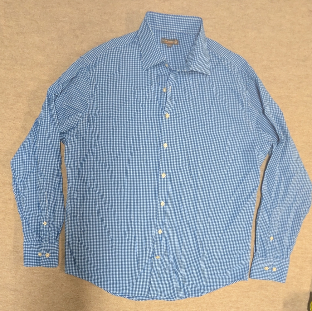 Peter Millar Blue And White Gingham Button Down Shirt Men's Size XL